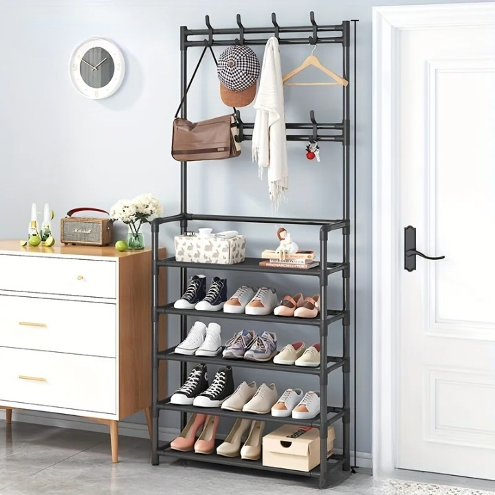 Space-saving entryway organizer: steel coat rack with integrated shoe shelves
