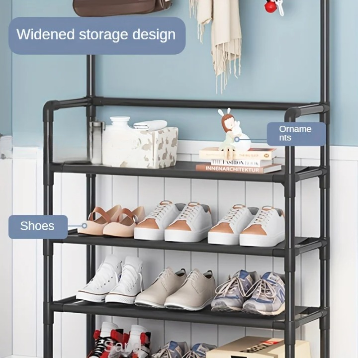 Bedroom storage solution: sturdy steel coat rack with shoe shelves for organization