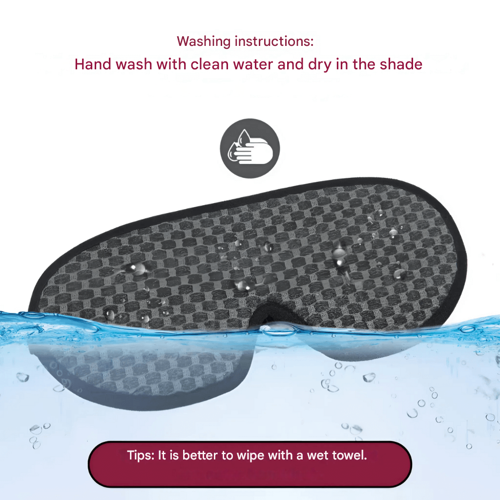 Breathable ergonomic eye mask, adjustable for a perfect, pressure-free fit.