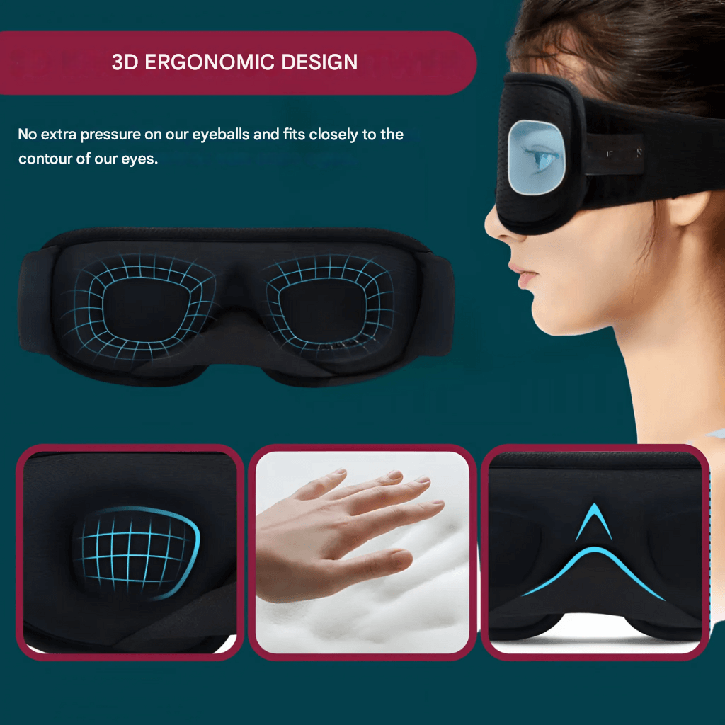 3D contoured sleep mask, blocks all light, ideal for comfortable sleep.