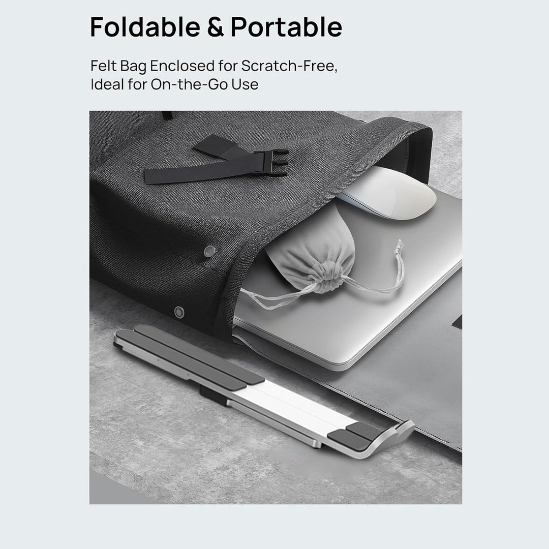 Travel-friendly foldable laptop stand, offering ergonomic benefits and passive cooling for extended use