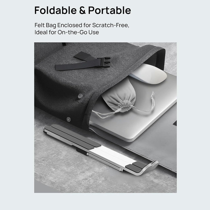 Travel-friendly foldable laptop stand, offering ergonomic benefits and passive cooling for extended use