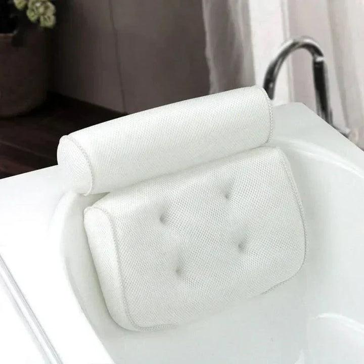 Soft ergonomic bath pillow with neck & head support for ultimate spa relaxation. Perfect bath cushion.