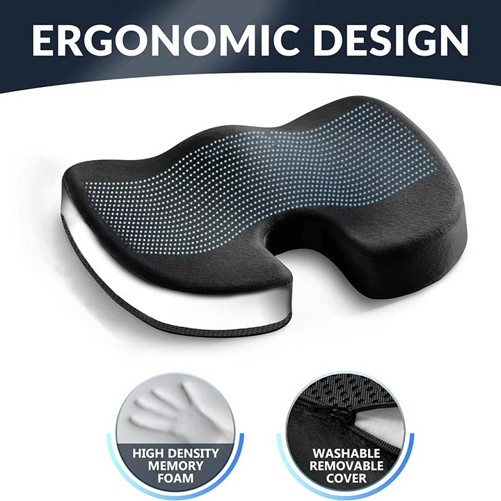 Car seat gel memory foam cushion with non-slip base. Provides comfort & tailbone relief for long commutes & drives.