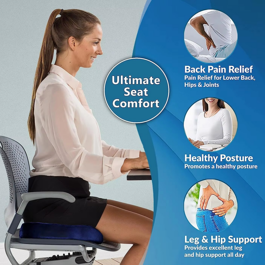Pressure-relieving ergonomic gel memory foam seat cushion for sciatica & tailbone pain relief. Posture corrector.