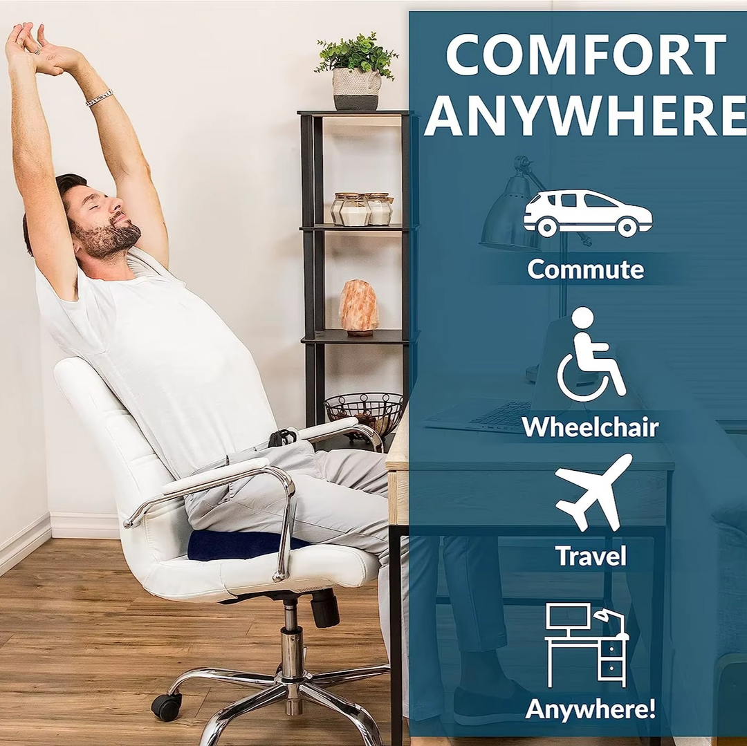 Contoured gel memory foam seat cushion with non-slip base. Ergonomic design for back support & ultimate comfort.