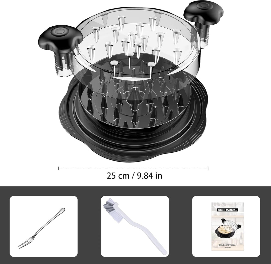 Meat shredder tool effectively shredding cooked chicken, perfect for quick meal prep.