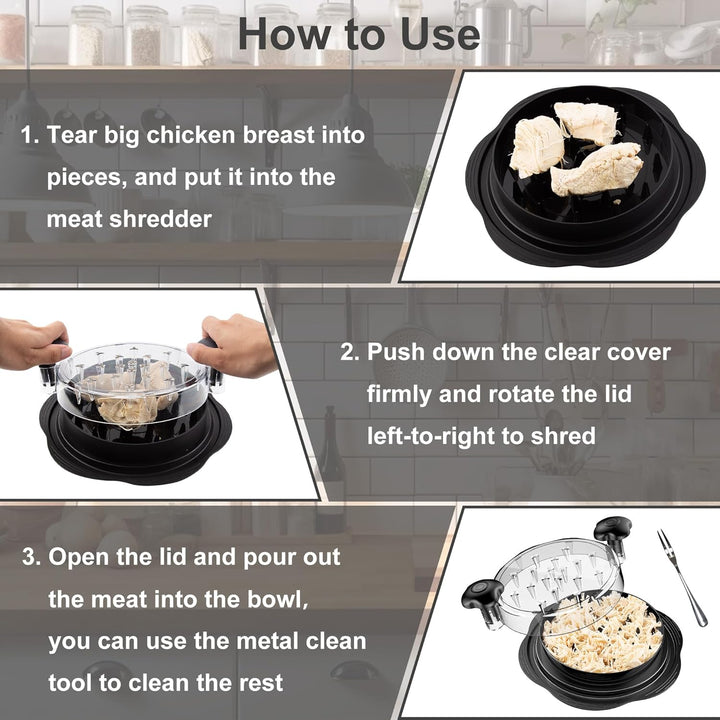 Ergonomic shredder tongs on a cutting board with shredded pork, ready for serving.