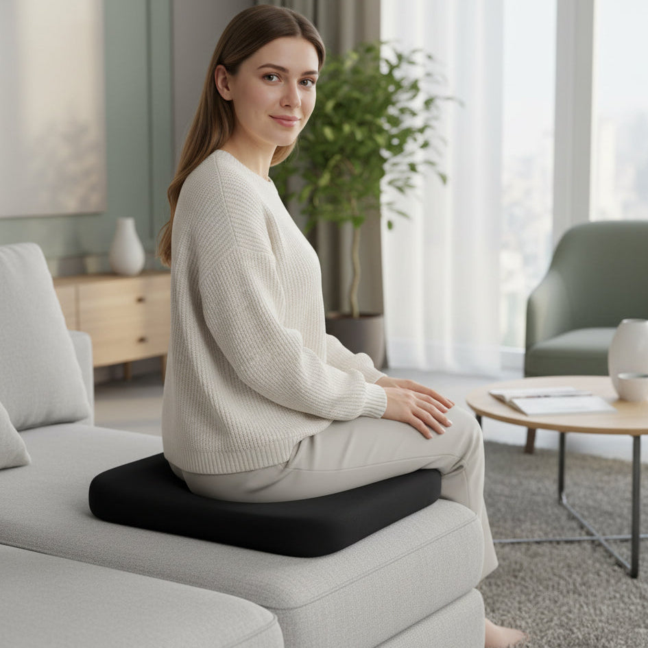 Portable car seat ergonomic cushion, non-slip, providing comfort & support for long journeys.