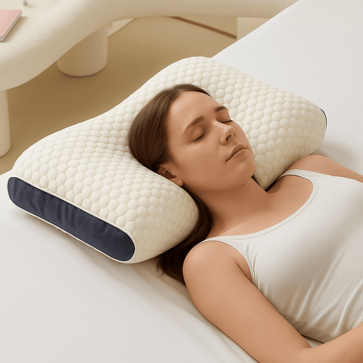 Person sleeping soundly on an ergonomic orthopedic pillow, showing optimal neck & spine alignment for side sleepers.