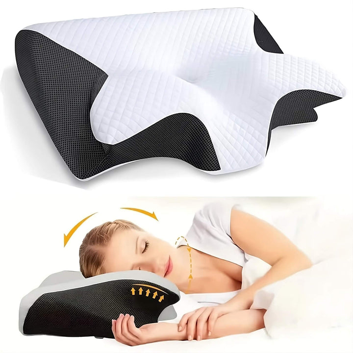Contoured memory foam orthopedic pillow, ergonomic design for neck & back support.