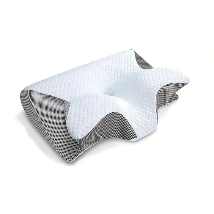 White ergonomic orthopedic memory foam pillow with washable cover for neck support.