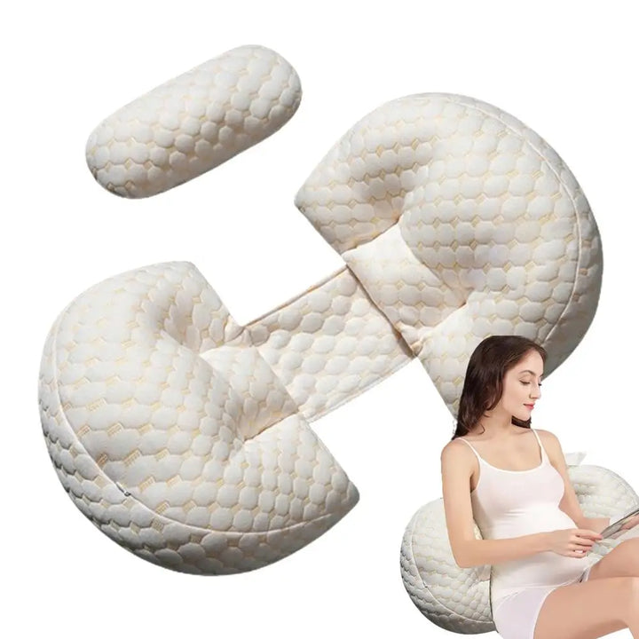 Ergonomic pregnancy pillow for full body maternity support, promoting comfortable sleep & back relief for women.