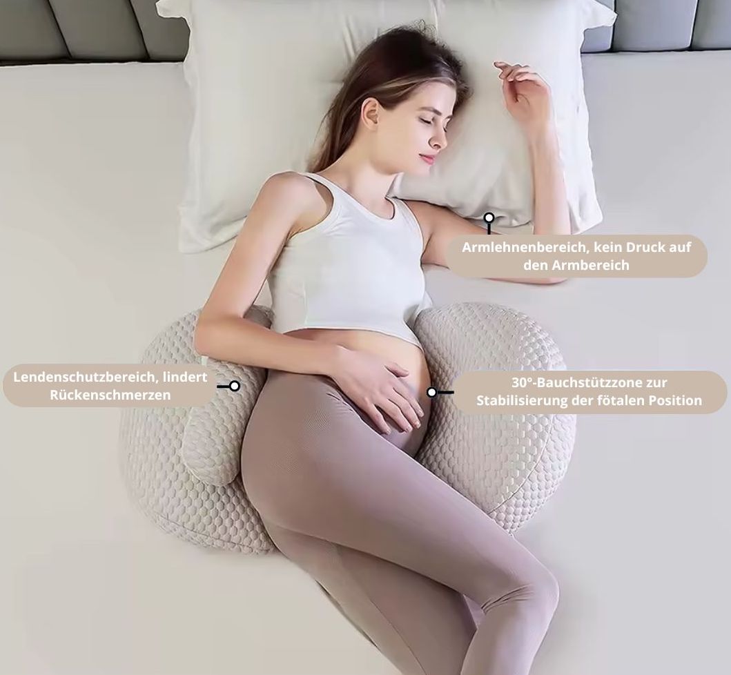 MammaComfort ergonomic pregnancy pillow offers soft belly & back support, washable cover, also useful as nursing aid.