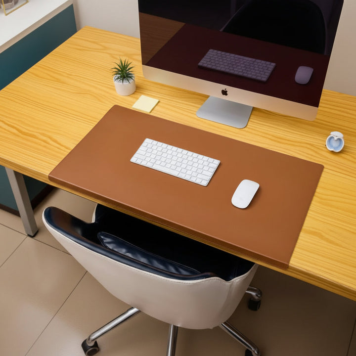 Premium PU leather ergonomic desk mat with wrist support, improves comfort for long work hours.