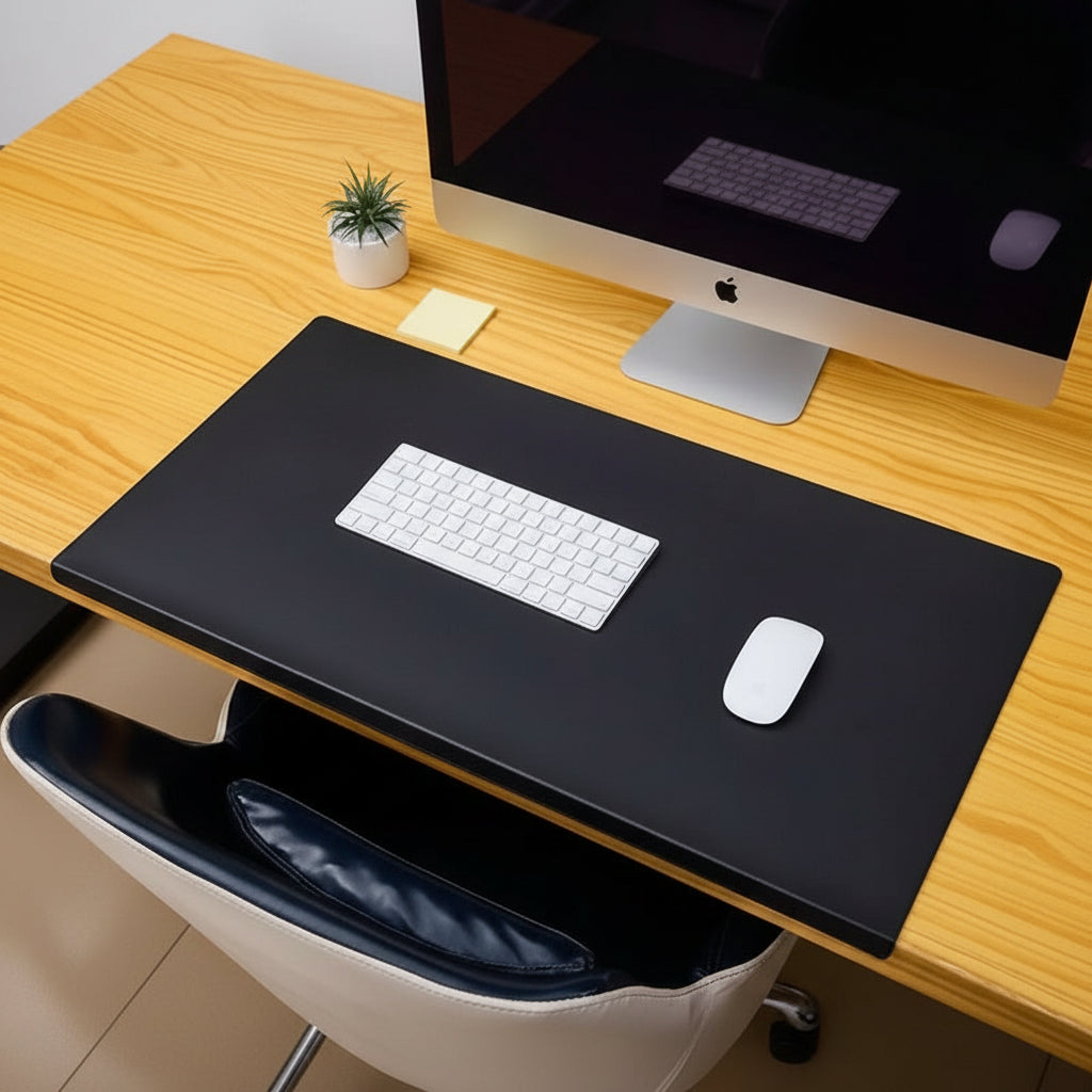 Comfort-focused wrist support desk mat, ergonomic PU leather for optimal mouse and keyboard use.