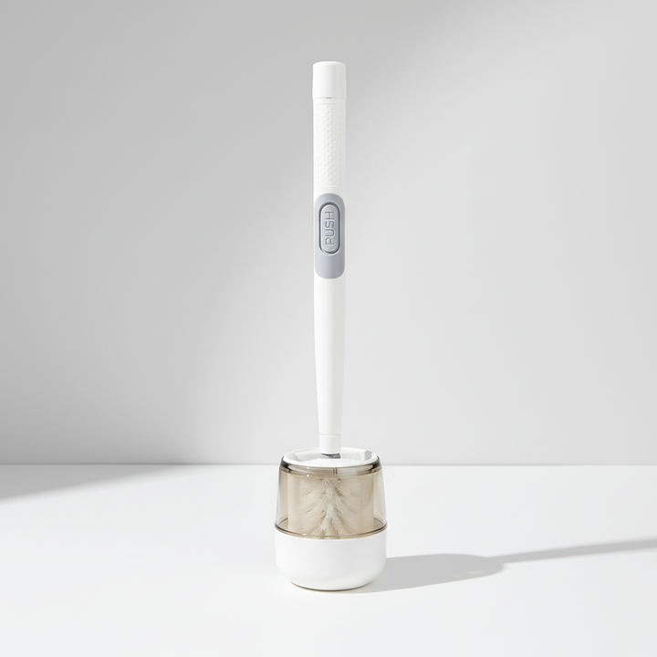 GlideScrub ergonomic toilet brush set with holder, a modern bathroom cleaning tool