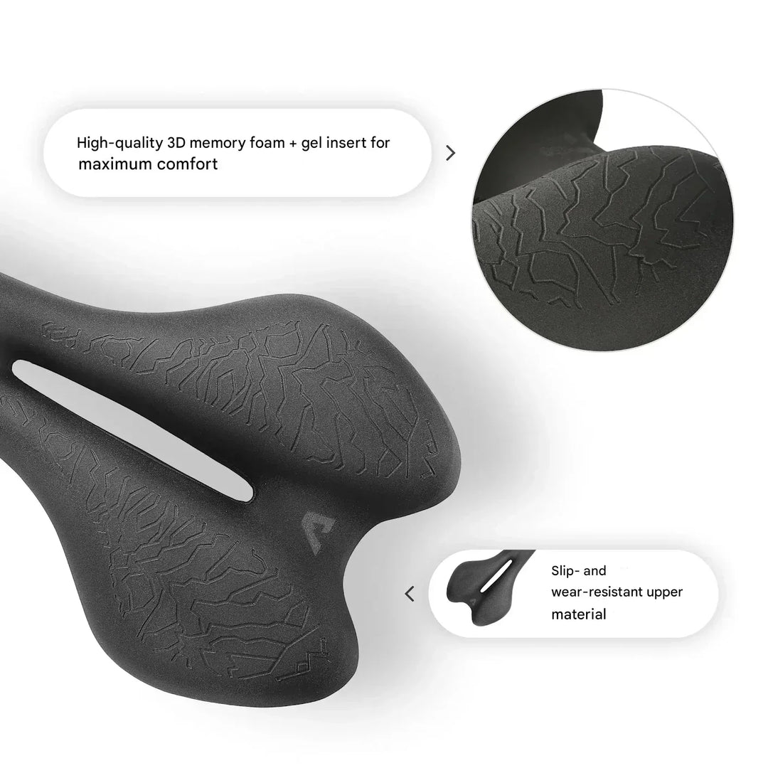 Plush memory foam ergonomic bike saddle for unisex cyclists, ensuring comfort on road, mountain, and e-bikes.