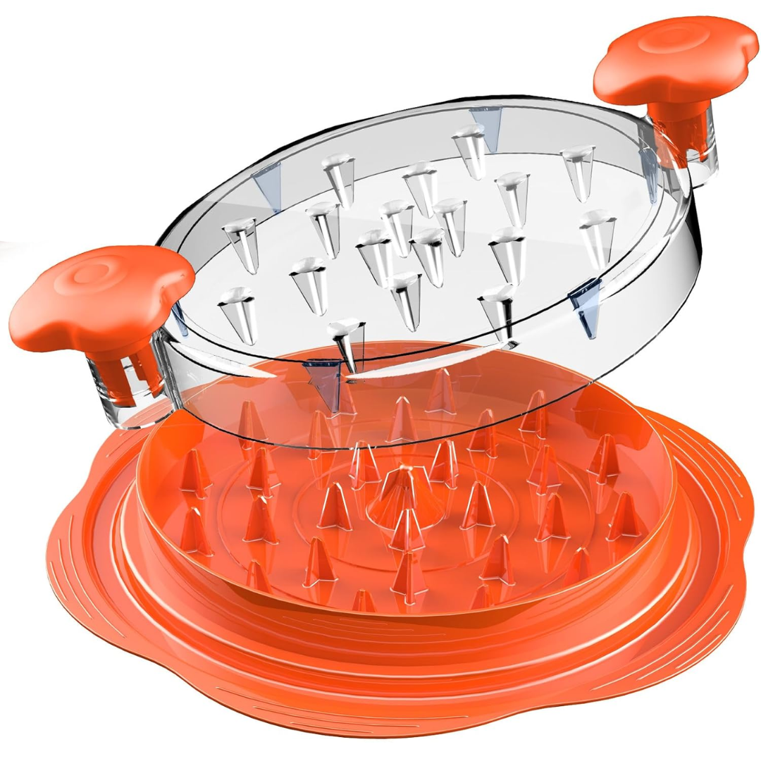 Hand holding ErgoShredder ergonomic chicken shredder over a bowl of pulled pork