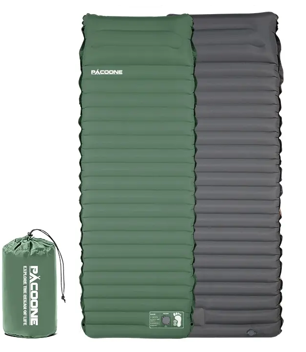 Portable backpacking sleeping pad, self-inflating with integrated foot pump, outdoor travel