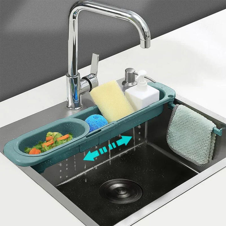 Adjustable PP plastic sink organizer rack, expandable for dish drying, sponge & brush drainage, promotes hygiene.