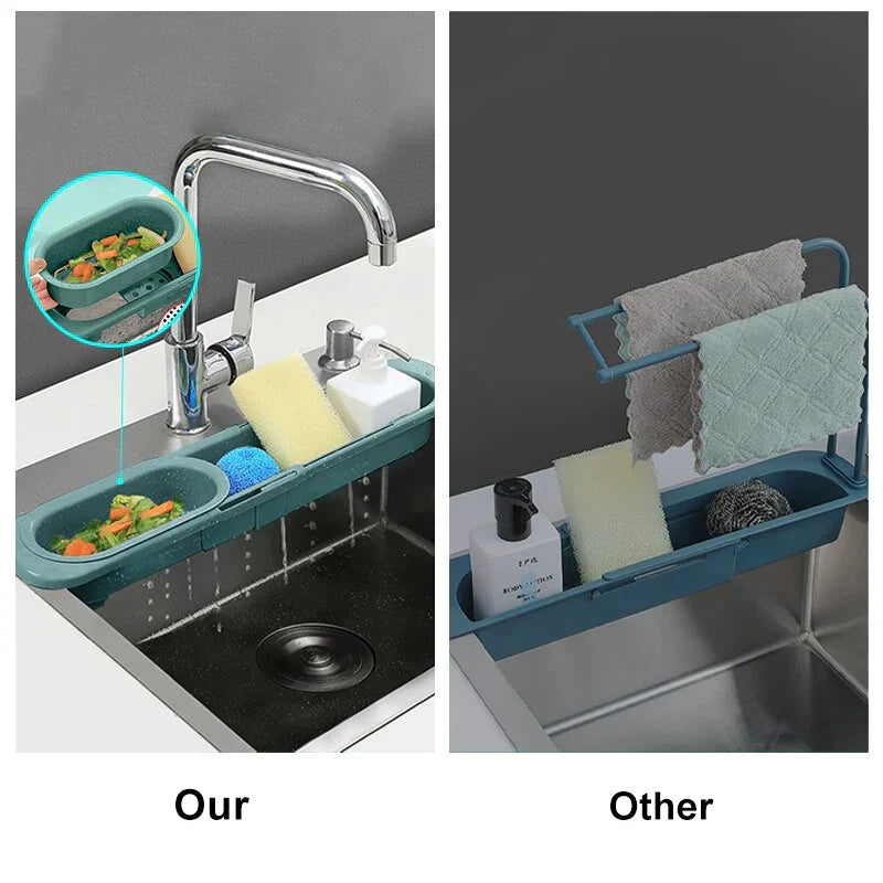 Tidy your sink with this expandable kitchen organizer rack for sponges, brushes, & dish drying. Adjustable PP plastic.