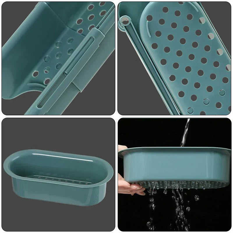 Expandable sink organizer rack for sponges, brushes, & dish cloths. PP plastic with drainage, perfect kitchen organization.