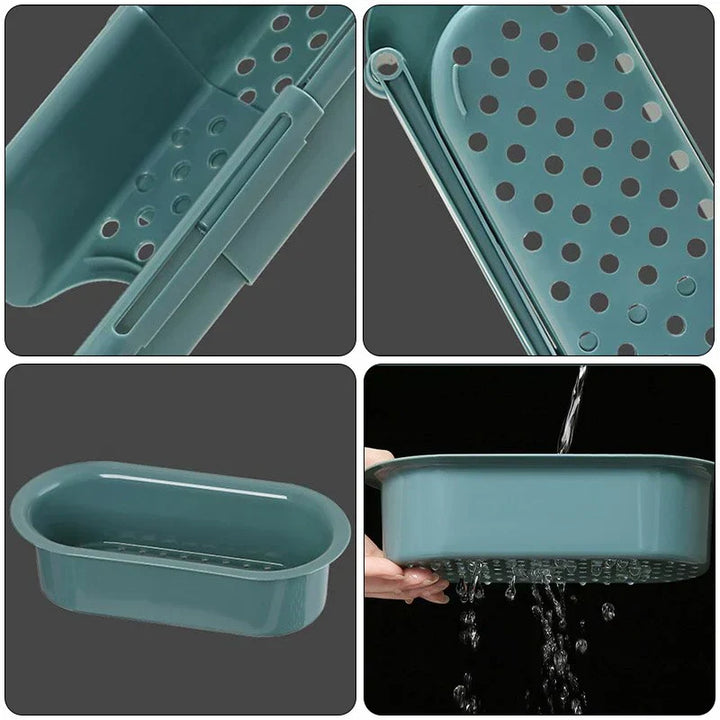 Expandable sink organizer rack for sponges, brushes, & dish cloths. PP plastic with drainage, perfect kitchen organization.