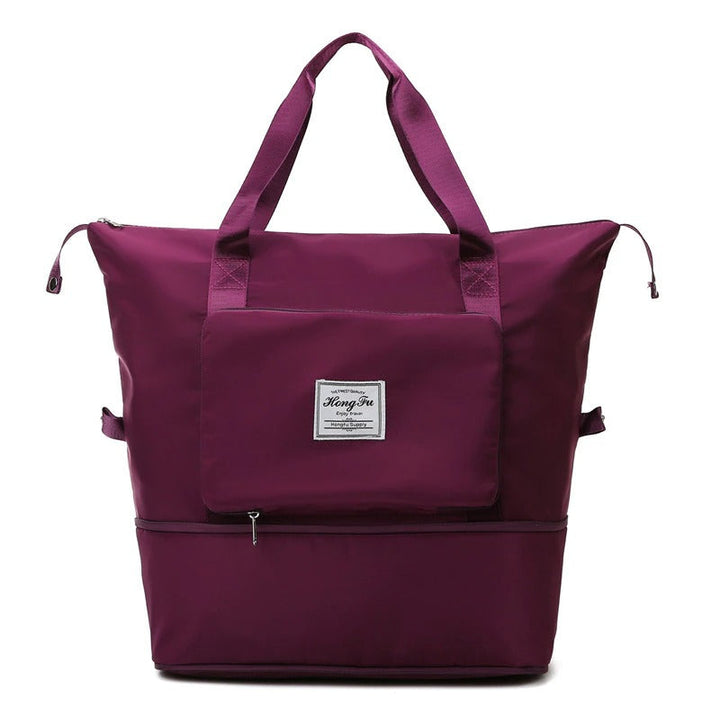 Lightweight expandable weekender travel bag, gray, with two top handles & shoulder strap