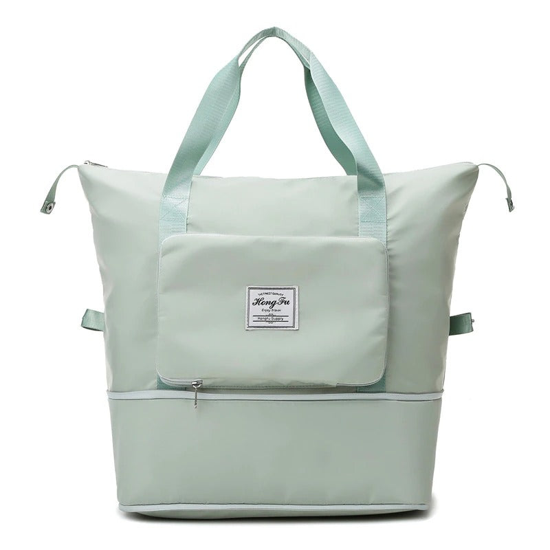Collapsible weekender travel bag, blue, made from durable waterproof fabric, with zipper closure