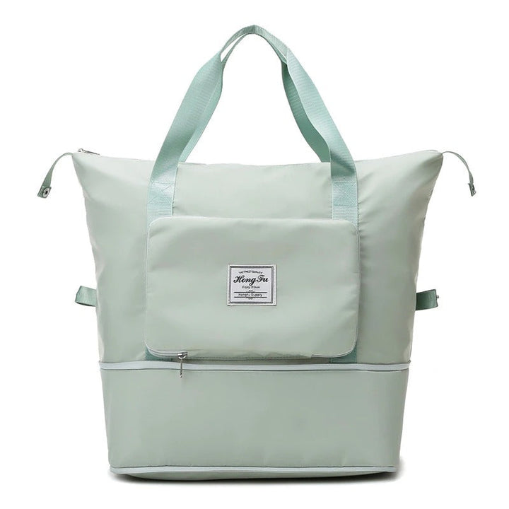 Collapsible weekender travel bag, blue, made from durable waterproof fabric, with zipper closure