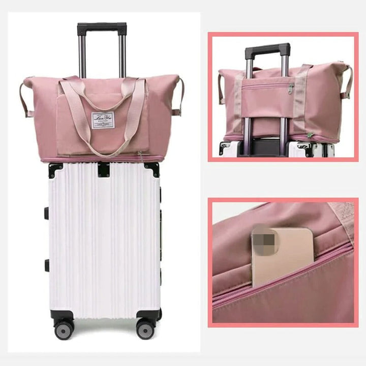 Lightweight weekender travel bag, unfolded, showing two main compartments and side pockets