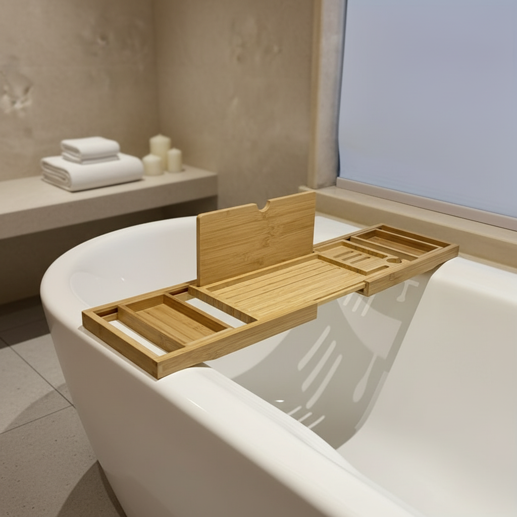 Extendable bamboo bathtub caddy tray with slots for book, tablet, phone, and wine glass, perfect for relaxation