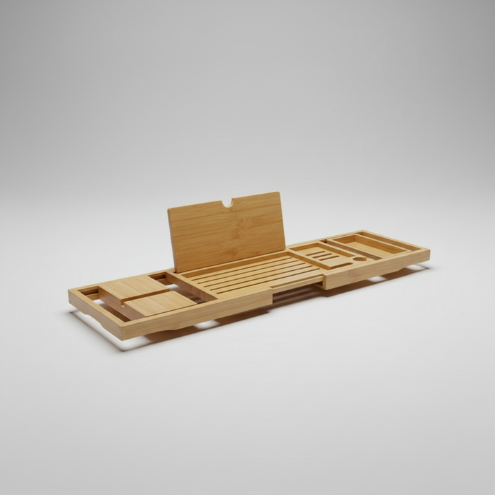 Natural wood bamboo bath caddy, extendable to fit most tubs, ideal bathroom organizer for a spa experience