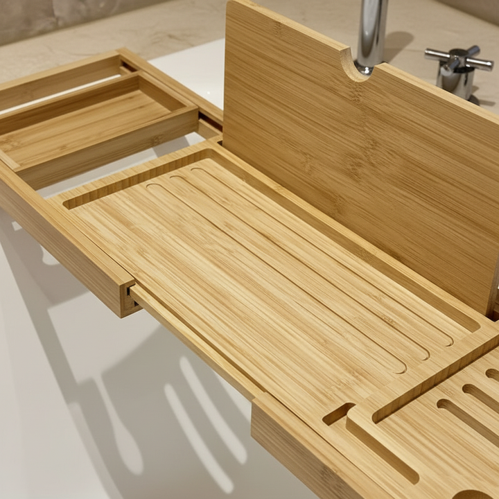 Mehrfachfach RelaxShelf bamboo bathtub tray with side handles and integrated holders for tablet and mug