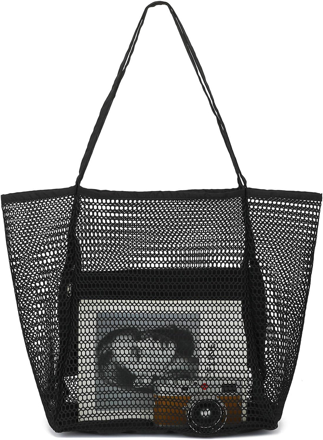 Extra large clear mesh tote for family beach trips, sand-free design