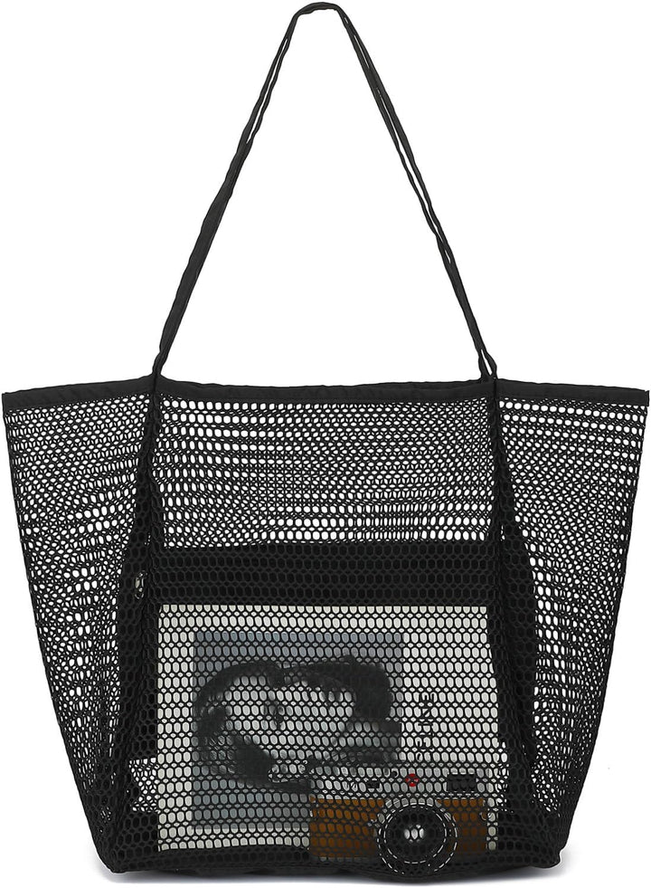 Extra large clear mesh tote for family beach trips, sand-free design