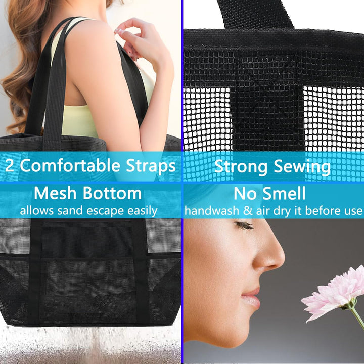 Large clear mesh beach bag with sturdy handles, perfect for heavy loads