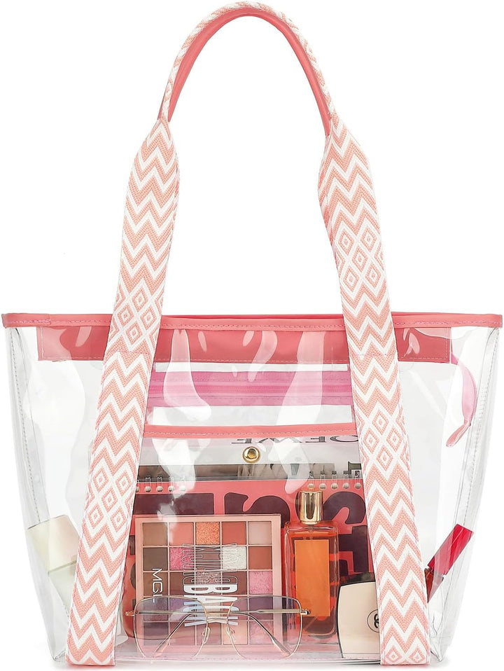 Large clear mesh beach tote bag with a spacious main compartment for families