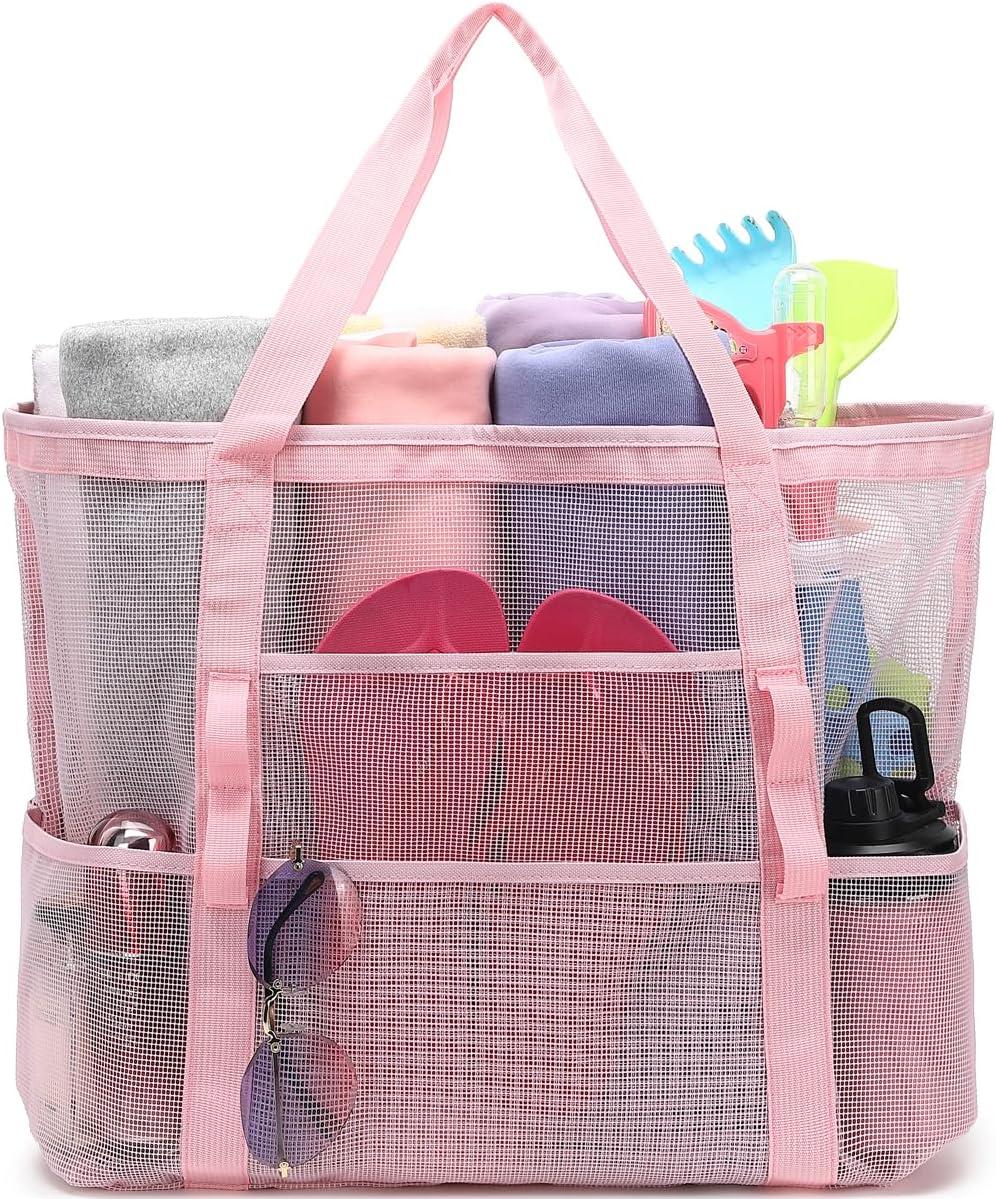 Extra large clear mesh pool tote with ample space for goggles and toys