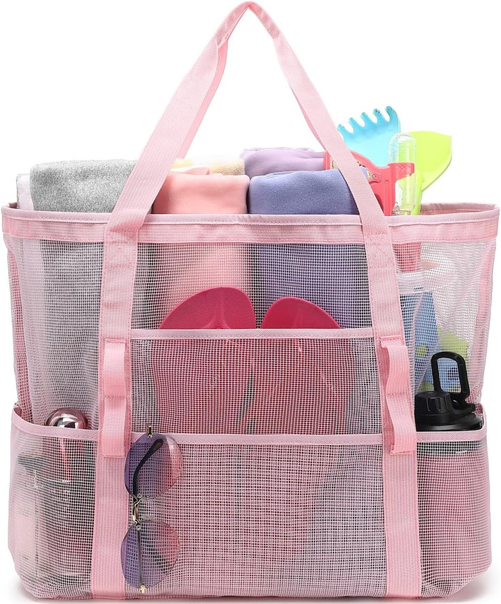 Extra large clear mesh pool tote with ample space for goggles and toys