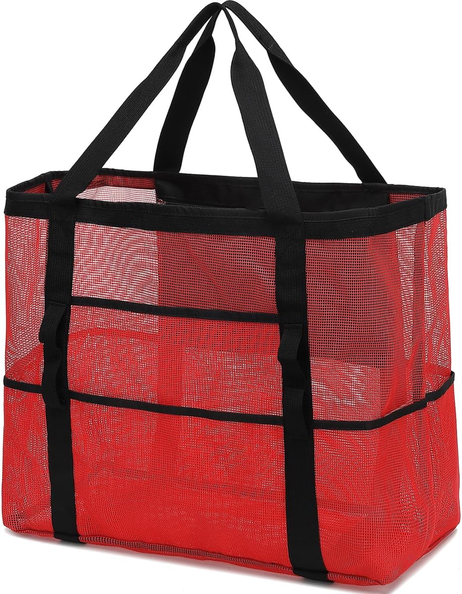 Clear mesh beach tote, versatile for shopping, picnics, and beach trips
