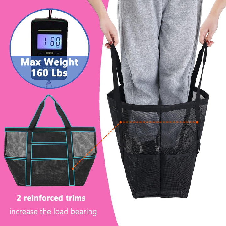 Large clear mesh beach bag with reinforced bottom for durability, black trim