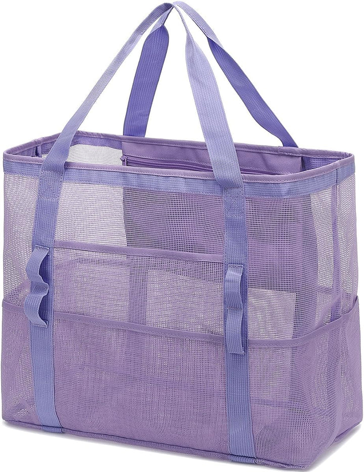 Sandproof clear mesh beach tote, allowing air circulation to dry items