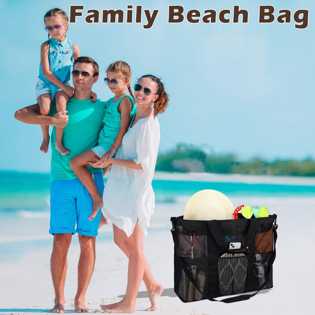 Clear mesh beach tote with inner and outer pockets for superior organization
