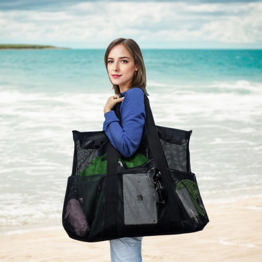 Sandproof clear mesh beach tote, essential for a relaxing day at the shore