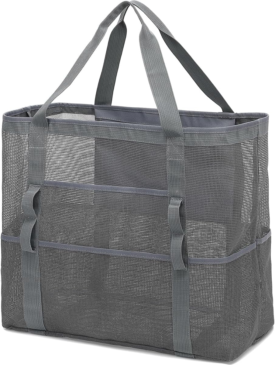 Family-sized clear mesh tote bag with 8 pockets for easy organization