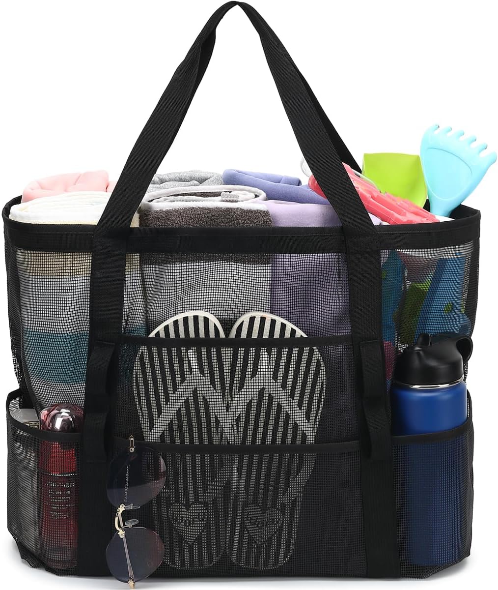 Large clear mesh beach bag, spacious enough for several beach towels