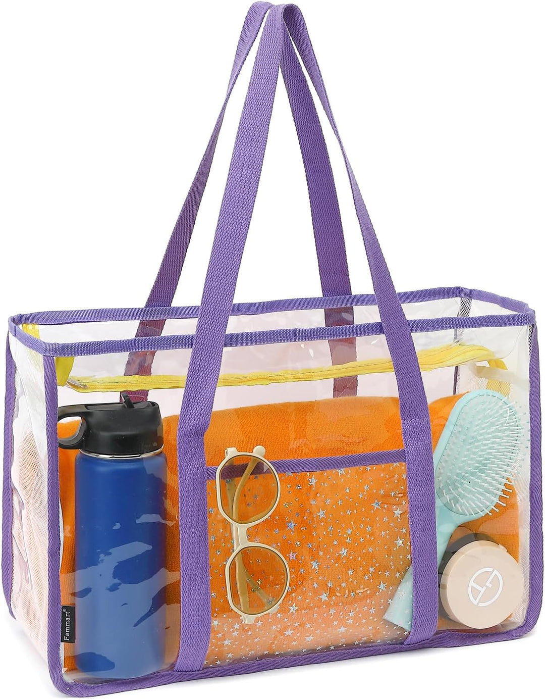 Clear mesh beach tote, with sturdy handles ensuring comfortable carrying