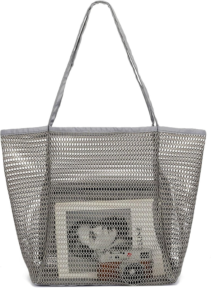 Spacious clear mesh beach tote with convenient pockets for organized packing